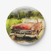 ヴィンテージのレトロの古くクラシックな車の自動水彩画の芸術 ペーパープレート (正面)