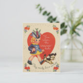 ヴィンテージのレトロの女の子の歩くの子犬のバレンタインカード シーズンポストカード (スタンド正面)
