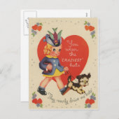 ヴィンテージのレトロの女の子の歩くの子犬のバレンタインカード シーズンポストカード (正面/裏面)