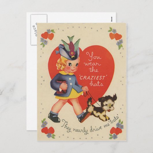 ヴィンテージのレトロの女の子の歩くの子犬のバレンタインカード シーズンポストカード (正面/裏面)