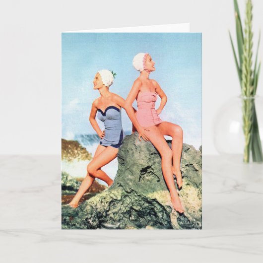 ヴィンテージのレトロの女性の水着および水泳の帽子も! カード (正面)