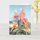 ヴィンテージのレトロの女性の水着および水泳の帽子も! カード (黄色い花)