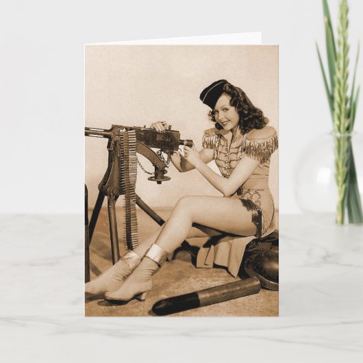 ヴィンテージのレトロの女性機械射撃手の女の子 カード (正面)