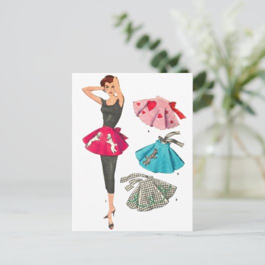 ヴィンテージのレトロの女性50sのファッションのプードルのスカートのエプロン ポストカード (スタンド正面)