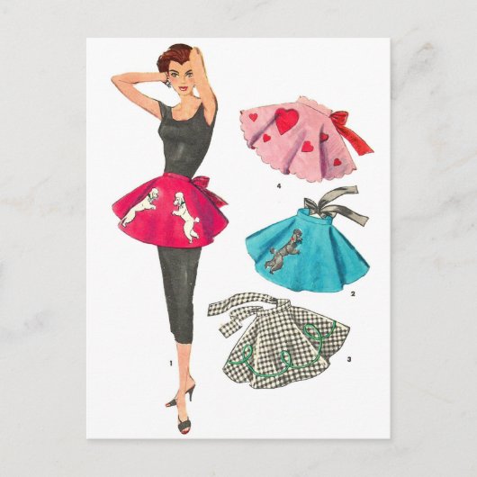 ヴィンテージのレトロの女性50sのファッションのプードルのスカートのエプロン ポストカード (正面)