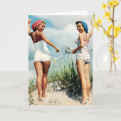 ヴィンテージのレトロの女性60sのサーフィンのビーチの女の子 カード (黄色い花)