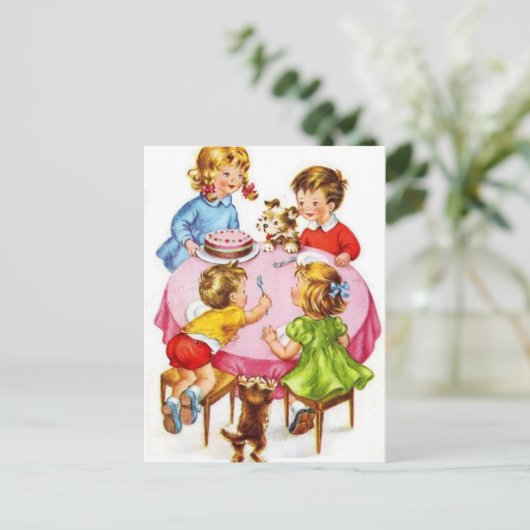 ヴィンテージのレトロの子供の誕生会犬の子ネコ ポストカード (スタンド正面)