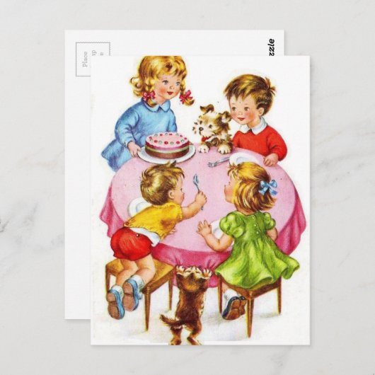 ヴィンテージのレトロの子供の誕生会犬の子ネコ ポストカード (正面/裏面)