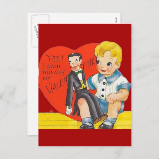 ヴィンテージのレトロの男の子及びVentriloquistのダミーのバレンタイン シーズンポストカード (正面/裏面)