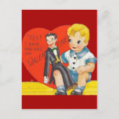 ヴィンテージのレトロの男の子及びVentriloquistのダミーのバレンタイン シーズンポストカード (正面)