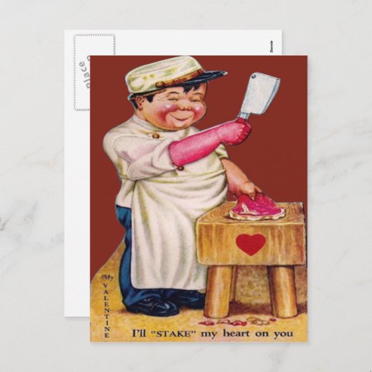 ヴィンテージのレトロの肉屋のバレンタインカード シーズンポストカード (正面/裏面)