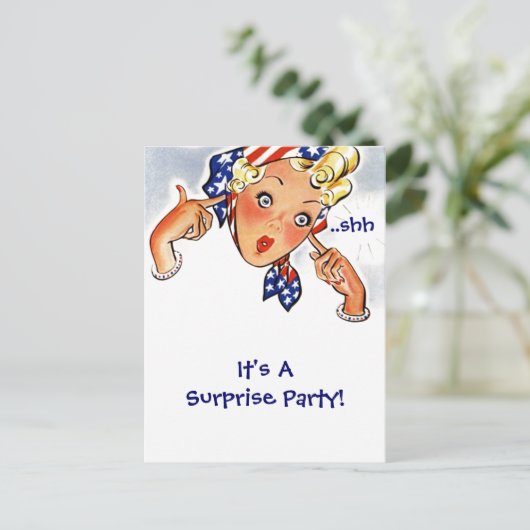 ヴィンテージのレトロの郵便はがきの招待状のびっくりパーティ インビテーションポストカード (スタンド正面)