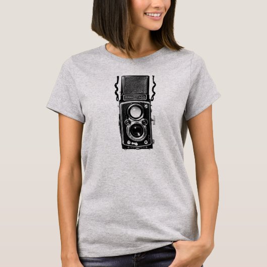 ヴィンテージのレトロのRolleiflex対レンズのカメラのTシャツ Tシャツ (正面)