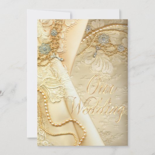 ヴィンテージのレースのウェディングドレスおよび真珠の結婚 招待状 (正面)