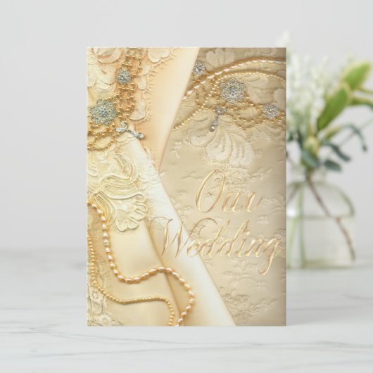 ヴィンテージのレースのウェディングドレスおよび真珠の結婚 招待状 (スタンド正面)