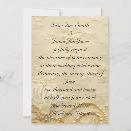 ヴィンテージのレースのウェディングドレスおよび真珠の結婚 招待状 (裏面)