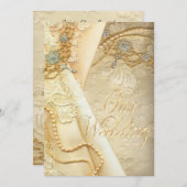 ヴィンテージのレースのウェディングドレスおよび真珠の結婚 招待状 (正面/裏面)