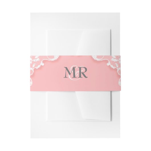 ヴィンテージのレースのモノグラムのピンクの結婚式の腹バンド 招待状ベリーバンド (正面例)