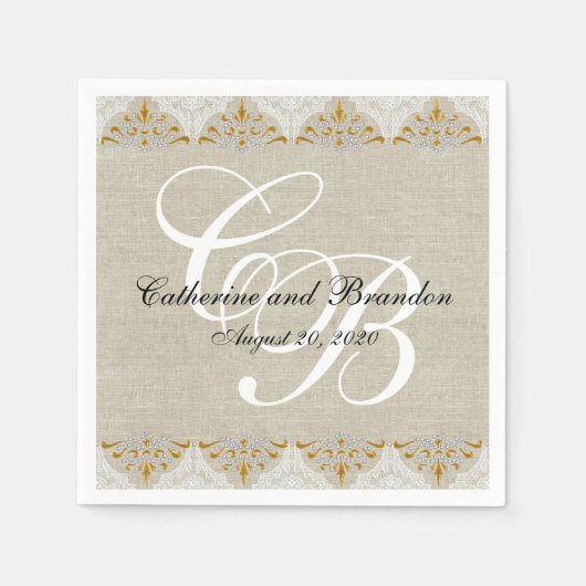 ヴィンテージのレースのリネン素朴な結婚式の紙ナプキン スタンダードカクテルナプキン (正面)