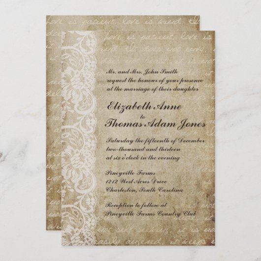 ヴィンテージのレースの旧世界の結婚式招待状 招待状 (正面/裏面)