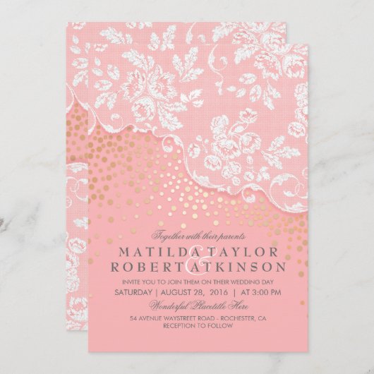 ヴィンテージのレースの金ゴールドの紙吹雪のピンクの結婚式 招待状 (正面/裏面)