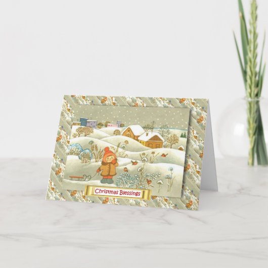 ヴィンテージのロシアのなクリスマス、そりを持つ女の子 シーズンカード (正面)