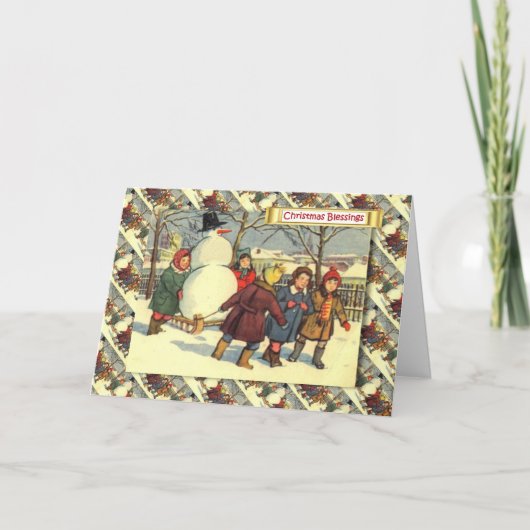 ヴィンテージのロシアのなクリスマス、子供および雪だるま シーズンカード (正面)