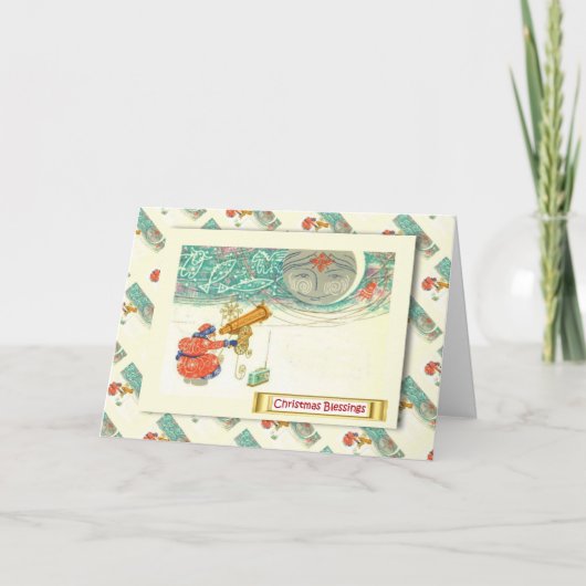 ヴィンテージのロシアのなクリスマス、望遠鏡が付いているサンタ シーズンカード (正面)