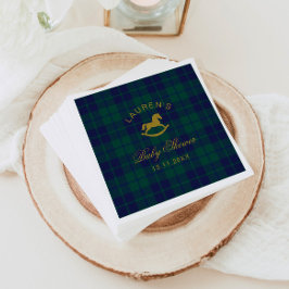 ヴィンテージのロッキングホース ゴールド格子柄 ベビーシャワー スタンダードカクテルナプキン