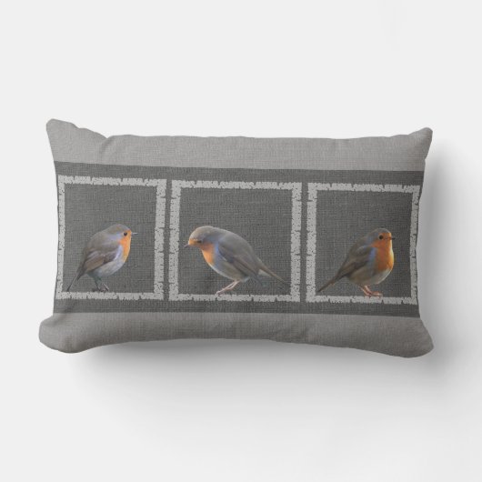 ヴィンテージのロビンの鳥の写真の素朴なダークグレーのバーラップ ランバークッション (正面)