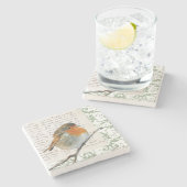 ヴィンテージのロビンの鳥の緑のダマスク織の原稿 ストーンコースター (横)