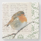 ヴィンテージのロビンの鳥の緑のダマスク織の原稿 ストーンコースター (正面)