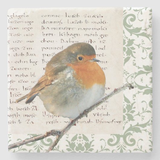 ヴィンテージのロビンの鳥の緑のダマスク織の原稿 ストーンコースター (正面)