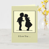 ヴィンテージのロマンチックなシルエットのカップルの男の子および女の子 カード (黄色い花)