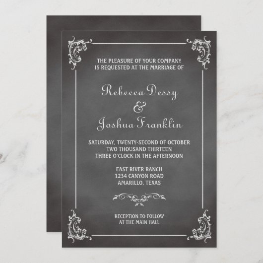 ヴィンテージのロマンチックな灰色の黒板スクロール結婚式 招待状 (正面/裏面)