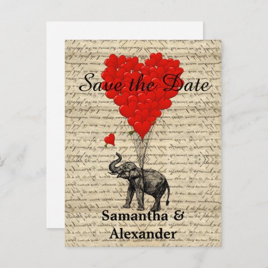 ヴィンテージのロマンチックな象の日付を保存 案内ポストカード (正面/裏面)
