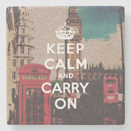 ヴィンテージのロンドンの陸標のKeep Calm and Carry On ストーンコースター (正面)