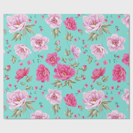 ヴィンテージのローズピンクのティール（緑がかった色）の春の花柄パターン ラッピングペーパー (フラット)
