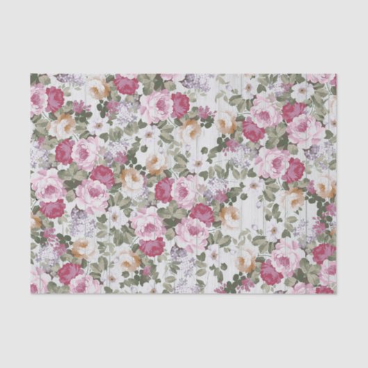 ヴィンテージのローズピンクの花の素朴で白い木製パターン 薄葉紙 (正面)