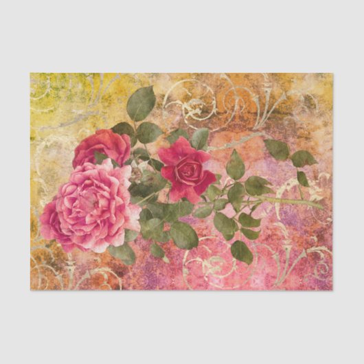 ヴィンテージのローズピンクの金ゴールドのダマスク織の花柄パターン 薄葉紙 (正面)