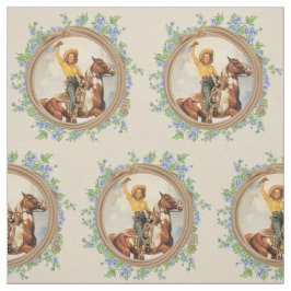 ヴィンテージのロープの花を持つ西部の女性のカーボーイの馬 ファブリック