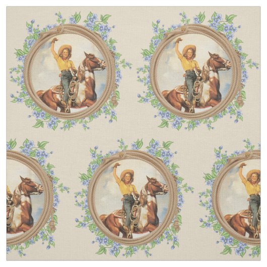 ヴィンテージのロープの花を持つ西部の女性のカーボーイの馬 ファブリック (見本)