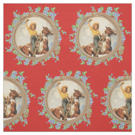 ヴィンテージのロープの花を持つ西部の女性のカーボーイの馬 ファブリック