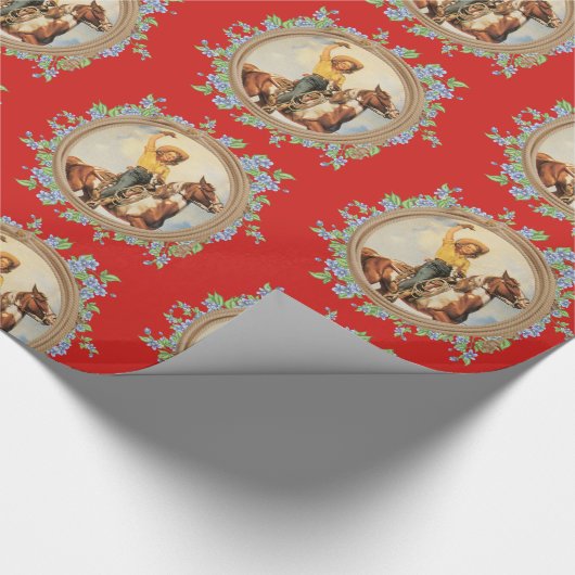 ヴィンテージのロープの花を持つ西部の女性のカーボーイの馬 ラッピングペーパー (角)