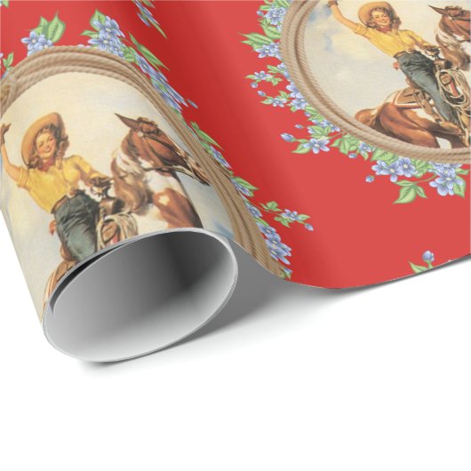 ヴィンテージのロープの花を持つ西部の女性のカーボーイの馬 ラッピングペーパー (ロールコーナー)