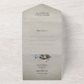 ヴィンテージのワンダーランドのダスティブルーアリス結婚。 オールインワン招待状 (外側)