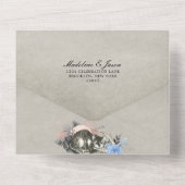 ヴィンテージのワンダーランドのダスティブルーアリス結婚。 オールインワン招待状 (裏面)