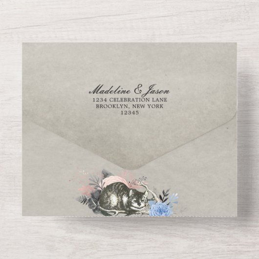 ヴィンテージのワンダーランドのダスティブルーアリス結婚。 オールインワン招待状 (裏面)