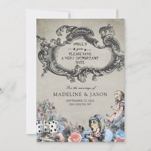 ヴィンテージのワンダーランドのダスティブルーアリス結婚。 セーブザデート (正面)