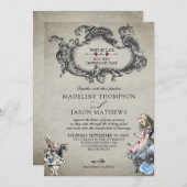 ヴィンテージのワンダーランドのダスティブルーアリス結婚。 招待状 (正面/裏面)